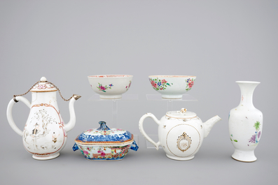 18th C. Chinese porcelain: Two grisaille jugs, a tureen, two bowls and two plates, Qianlong and a Yongzheng famille rose vase