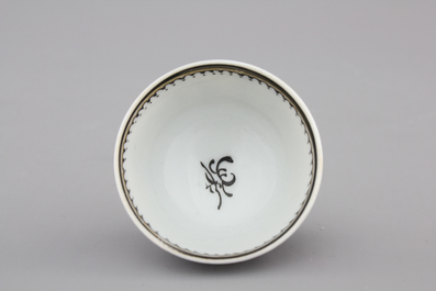 A rare Chinese export porcelain grisaille miniature cup and saucer, 18th C.