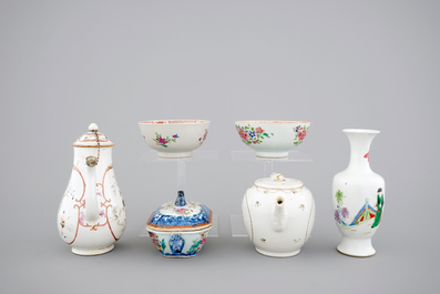 18th C. Chinese porcelain: Two grisaille jugs, a tureen, two bowls and two plates, Qianlong and a Yongzheng famille rose vase