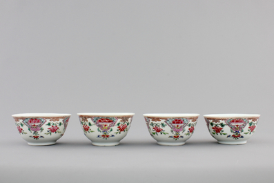 A set of four Chinese famille rose export porcelain cups and saucers, Yongzheng/Qianlong, 18th C.