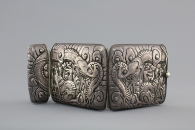 A Chinese silver cigarette case with dragons, marked, 19th C