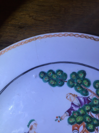A Chinese export Cherrypickers plate, 18th C. and a pink and gilt landscape plate, 18th C.