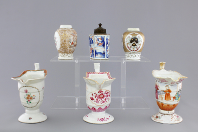 Three Chinese export porcelain tea caddies and three helmet-shaped jugs, Yongzheng-Qianlong, 18th C.