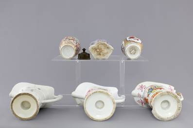 Three Chinese export porcelain tea caddies and three helmet-shaped jugs, Yongzheng-Qianlong, 18th C.