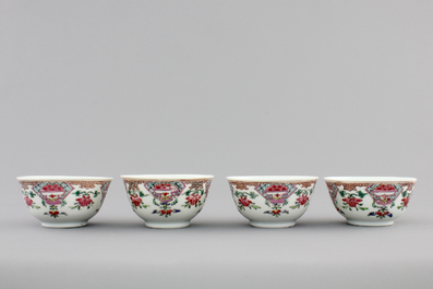 A set of four Chinese famille rose export porcelain cups and saucers, Yongzheng/Qianlong, 18th C.