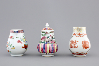 Three Chinese famille rose porcelain cream jugs, one armorial, Qianlong, 18th C.