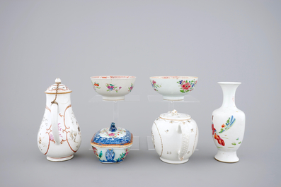 18th C. Chinese porcelain: Two grisaille jugs, a tureen, two bowls and two plates, Qianlong and a Yongzheng famille rose vase