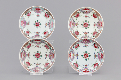 A set of four Chinese famille rose export porcelain cups and saucers, Yongzheng/Qianlong, 18th C.