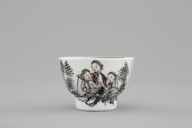 A rare Chinese export porcelain grisaille miniature cup and saucer, 18th C.