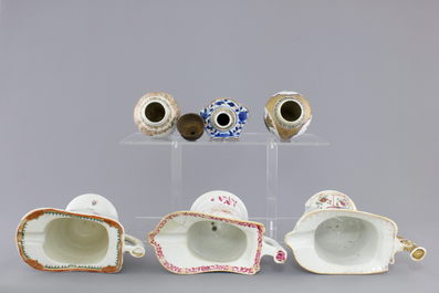 Three Chinese export porcelain tea caddies and three helmet-shaped jugs, Yongzheng-Qianlong, 18th C.