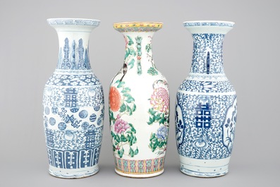3 tall Chinese famille rose and blue &amp; white vases, 19th C.