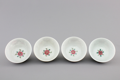 A set of four Chinese famille rose export porcelain cups and saucers, Yongzheng/Qianlong, 18th C.