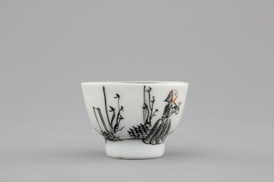 A rare Chinese export porcelain grisaille miniature cup and saucer, 18th C.