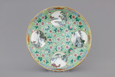 A pair of Chinese famille verte plates, Kangxi, and a famille rose plate, 19/20th C.
