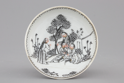 A rare Chinese export porcelain grisaille miniature cup and saucer, 18th C.