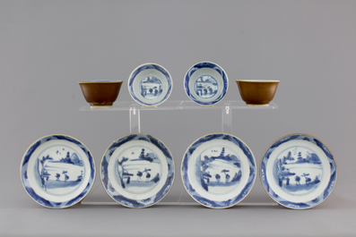 A set of 4 blue and white Chinese shipwreck porcelain cups and saucers, 18th C.