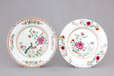 4 Chinese famille rose porcelain plates: one with peacocks and three floral, Qianlong, 18th C.