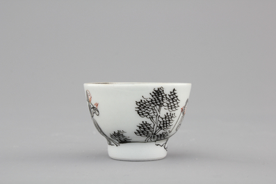 A rare Chinese export porcelain grisaille miniature cup and saucer, 18th C.