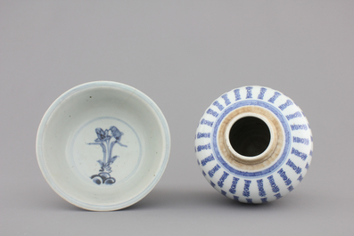 A blue and white Chinese ginger jar with characters, Kangxi, and a blue and white bowl, Ming Dynasty