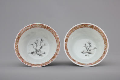 Two fine Chinese grisaille, gilt and iron-red cups and saucers and a small teapot, Yongzheng-Qianlong, 18th C.