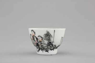 A rare Chinese export porcelain grisaille miniature cup and saucer, 18th C.