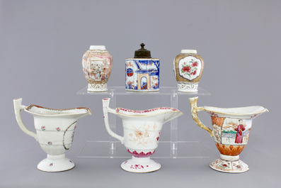 Three Chinese export porcelain tea caddies and three helmet-shaped jugs, Yongzheng-Qianlong, 18th C.