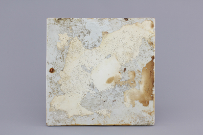 A Chinese blue, white and gilt porcelain landscape tile, 19th C.
