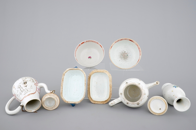 18th C. Chinese porcelain: Two grisaille jugs, a tureen, two bowls and two plates, Qianlong and a Yongzheng famille rose vase