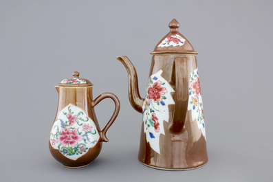 A Chinese famille rose Batavian ware chocolate pot and cream jug, Qianlong, 18th C.