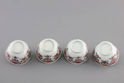 A set of four Chinese famille rose export porcelain cups and saucers, Yongzheng/Qianlong, 18th C.