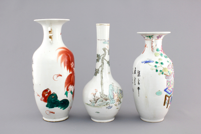 Three Chinese famille rose porcelain vases, 19th C.