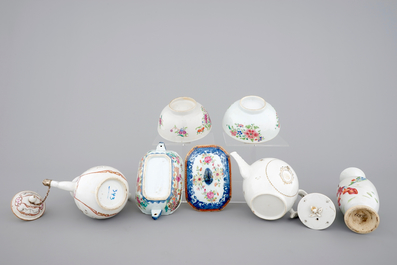 18th C. Chinese porcelain: Two grisaille jugs, a tureen, two bowls and two plates, Qianlong and a Yongzheng famille rose vase