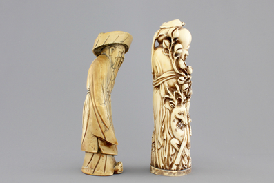 Two Chinese carved ivory figures, one of Shou Lao, 19th C.