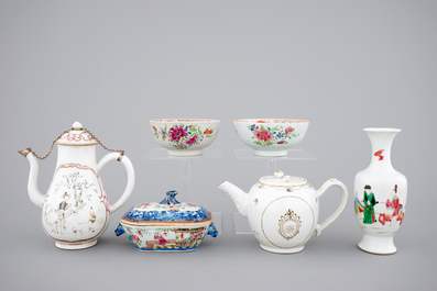 18th C. Chinese porcelain: Two grisaille jugs, a tureen, two bowls and two plates, Qianlong and a Yongzheng famille rose vase