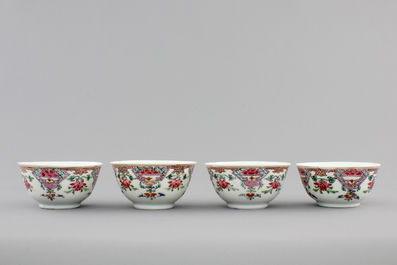 A set of four Chinese famille rose export porcelain cups and saucers, Yongzheng/Qianlong, 18th C.