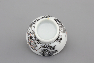 A rare Chinese export porcelain grisaille miniature cup and saucer, 18th C.