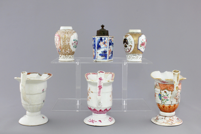 Three Chinese export porcelain tea caddies and three helmet-shaped jugs, Yongzheng-Qianlong, 18th C.
