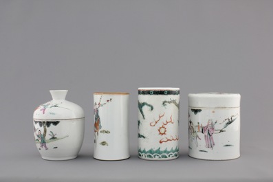 A collection of 19th century Chinese porcelain, including brush pots, figures and a poem plate