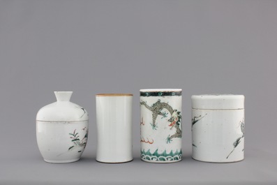 A collection of 19th century Chinese porcelain, including brush pots, figures and a poem plate