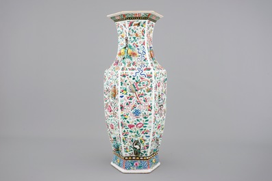 A Chinese hexagonal relief-decorated famille rose porcelain vase, 19th C.