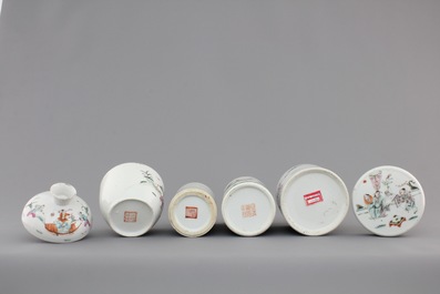 A collection of 19th century Chinese porcelain, including brush pots, figures and a poem plate