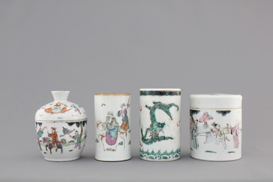 A collection of 19th century Chinese porcelain, including brush pots, figures and a poem plate