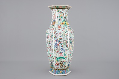 A Chinese hexagonal relief-decorated famille rose porcelain vase, 19th C.