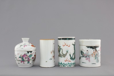 A collection of 19th century Chinese porcelain, including brush pots, figures and a poem plate