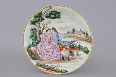 A Chinese famille rose export porcelain teapot and saucer with European subjects, Qianlong, 18th C.