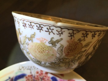 A nice set of three Chinese porcelain cups and two saucers, Yongzheng-Qianlong, 18th C.