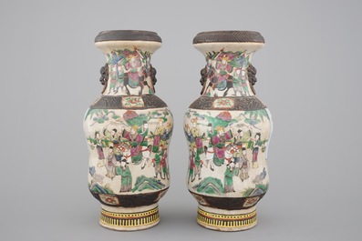 A tall pair of Chinese famille verte crackle glaze vases, Nanking, 19th C.