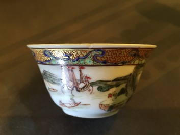 A Chinese export porcelain cup and saucer with a harbor scene, Yongzheng, 1722-1735