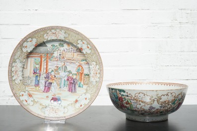 A Chinese export porcelain Mandarin pattern bowl and a dish, Qianlong, 18th C.