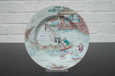 A fine and rare Chinese famille rose porcelain &quot;Fishing&quot; plate, Yongzheng, 1722-1735
